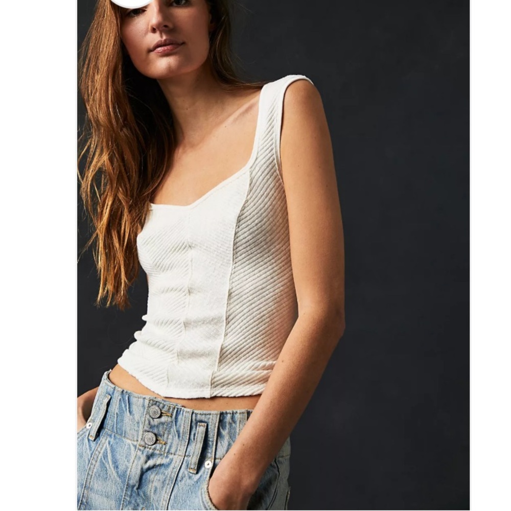 Free People Cream Ribbed Square Neck Tank Top
